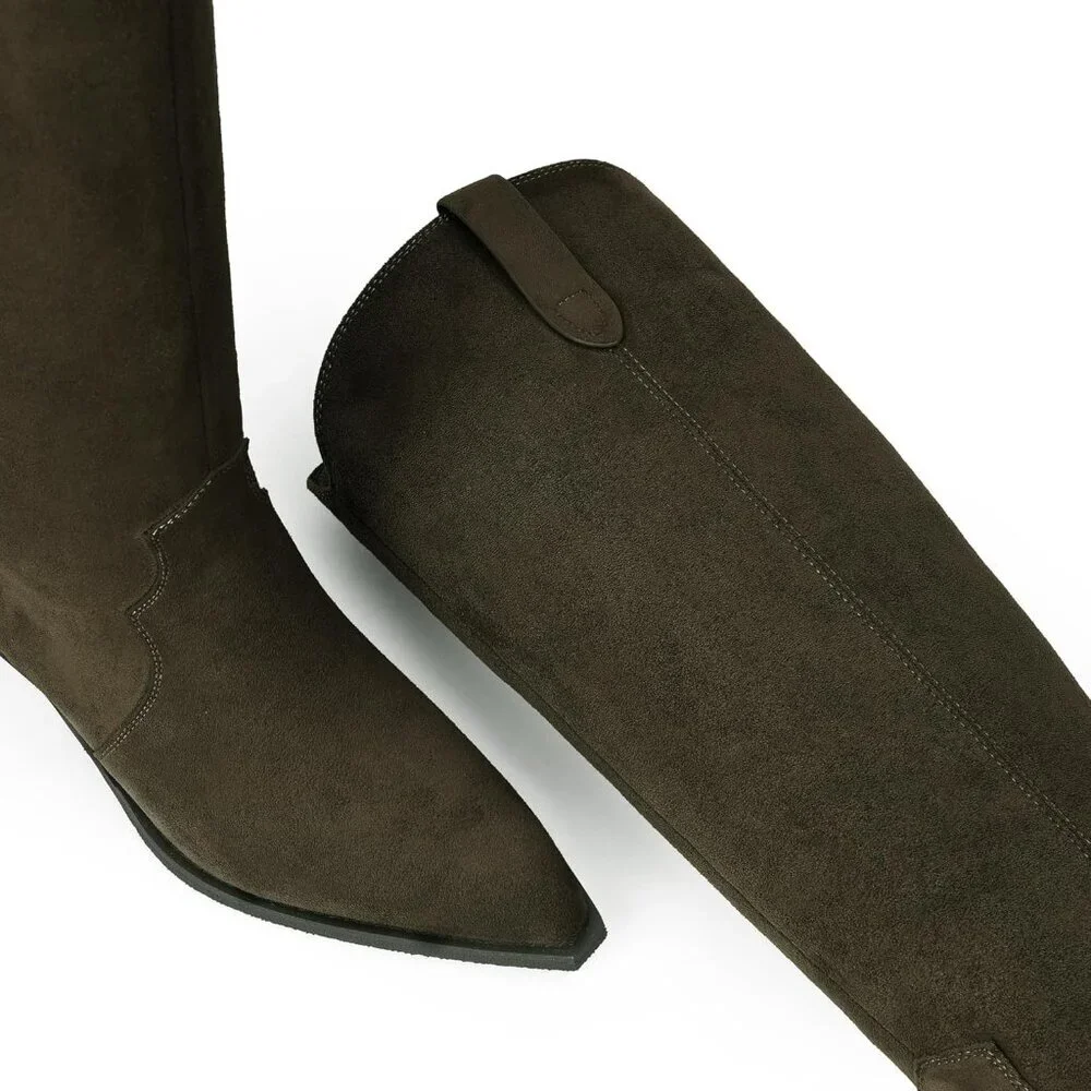 Women's Green Knee High Faux Suede Western with 2 IN Chunky Heel Pointed